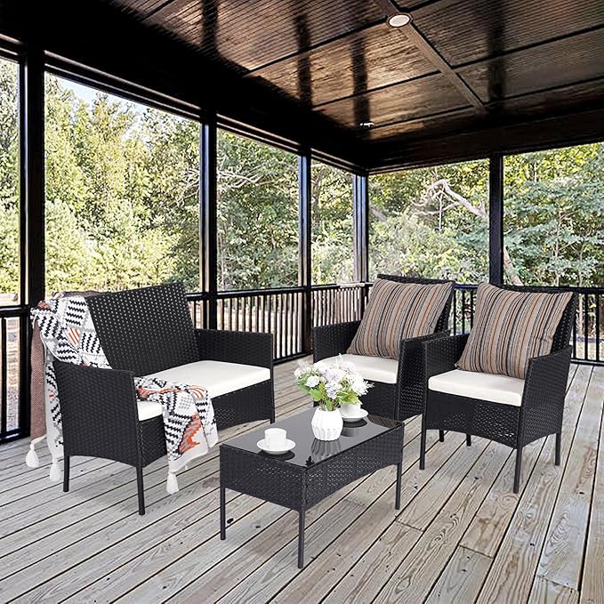 Patio Furniture Set,4 Piece Garden Conversation Set, Outdoor Wicker Rattan Table and Chairs, Black Patio Set, Sectional Sofa with Thick Cushion for Garden, Yard, or Porch (Black/Beige) - LeafyLoom