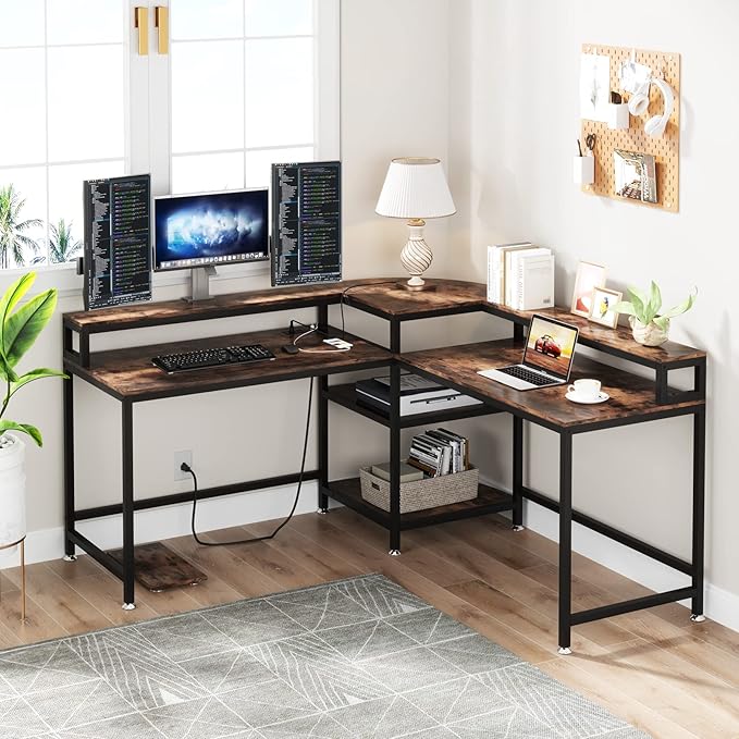 TIYASE L Shaped Desk with Power Outlet and USB Port, 59 in L-Shaped Computer Corner Desk with Storage Shelves, Home Office Desk Workstation with Monitor Stand, Tower Shelf, Rustic Brown - LeafyLoom