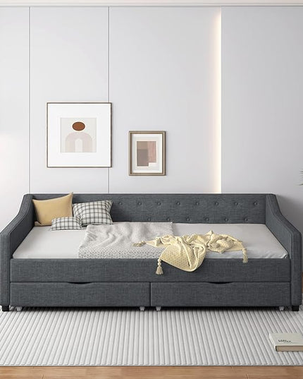 Full Size Upholstered Daybed with 2 Drawers,Wood Sofa Bed Frame W/Button Tufted Backrest and Waved Shape Arms,Slats Support,Linen Fabric Day Bed,for Bedroom,Living Room,Apartment,Dark Gray - LeafyLoom