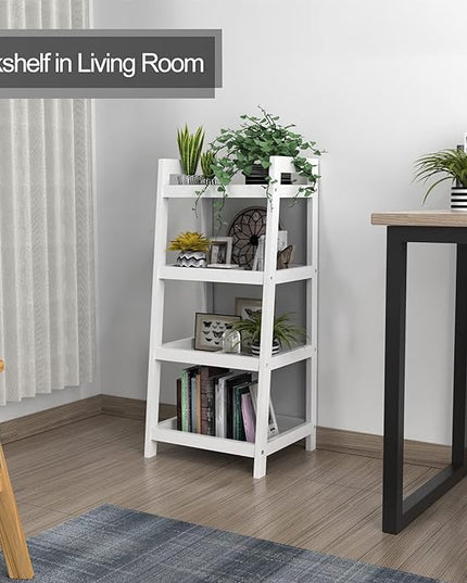 4 Tier Bamboo Bookshelf, Free Standing Ladder Shelf, Storage Shelf Rack for Bathroom, Kitchen, Living Room - White - LeafyLoom