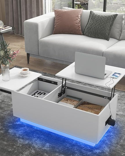 HOMMPA LED Coffee Table for Living Room Lift Top Coffee Tables with Power Outlet White Morden Center Table with Storage Hidden Compartment High Gloss Lift Tabletop - LeafyLoom