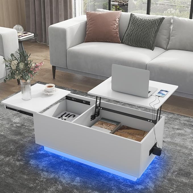 HOMMPA LED Coffee Table for Living Room Lift Top Coffee Tables with Power Outlet White Morden Center Table with Storage Hidden Compartment High Gloss Lift Tabletop - LeafyLoom