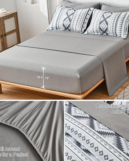 Dinjoy Boho King Size Bed in A Bag 7 Pieces,Grey Aztec Comforter Set Striped Bedding Set Bohemian Patchwork Complete Set Geometric Pattern Gray Comforters for Women Men 90"×104" - LeafyLoom