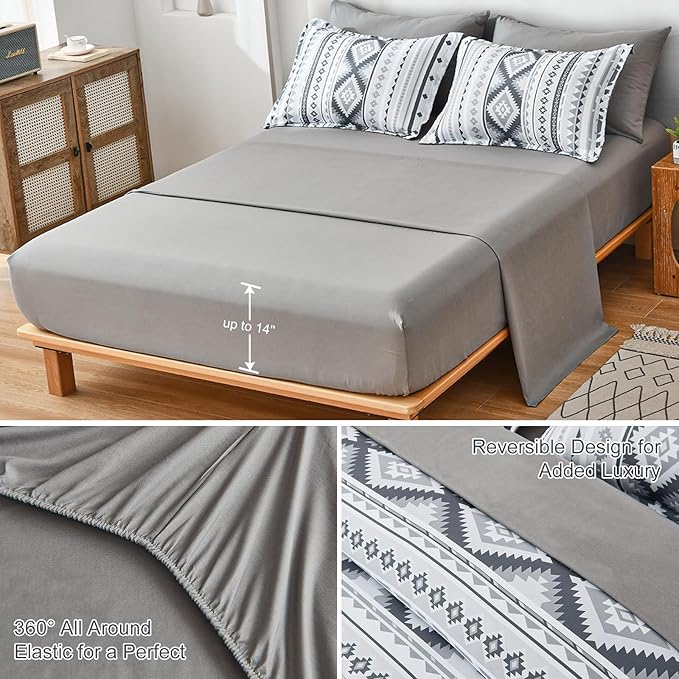 Dinjoy Boho King Size Bed in A Bag 7 Pieces,Grey Aztec Comforter Set Striped Bedding Set Bohemian Patchwork Complete Set Geometric Pattern Gray Comforters for Women Men 90"×104" - LeafyLoom