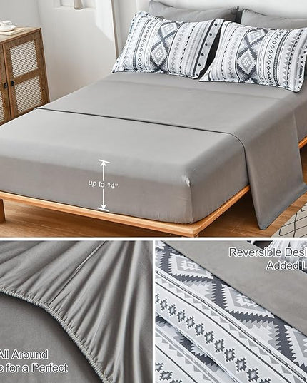Dinjoy Grey Boho Comforter Set Queen Size,7 Pieces Bed in a Bag Queen Light Gray Aztec Bedding Sets with Sheets Bohemian Geometric Striped Complete Set for All Seasons 90"x90" - LeafyLoom