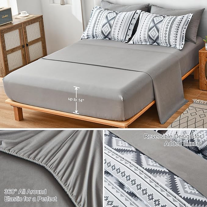 Dinjoy Grey Boho Comforter Set Queen Size,7 Pieces Bed in a Bag Queen Light Gray Aztec Bedding Sets with Sheets Bohemian Geometric Striped Complete Set for All Seasons 90"x90" - LeafyLoom