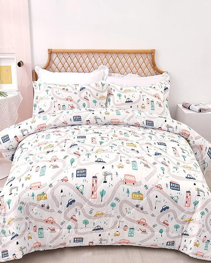 JSD Car Kids Printed Comforter Set for Boys Girls, 2 Pieces Twin Microfiber Comforter with Pillow Sham, Soft Comfortable Machine Washable - LeafyLoom