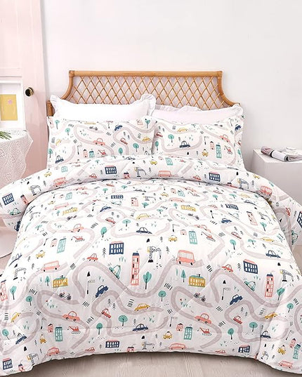 JSD Car Kids Printed Comforter Set for Boys Girls, 3 Pieces Full Microfiber Comforter with Pillow Sham, Soft Comfortable Machine Washable - LeafyLoom