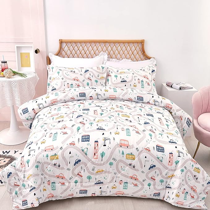 JSD Car Kids Printed Comforter Set for Boys Girls, 3 Pieces Full Microfiber Comforter with Pillow Sham, Soft Comfortable Machine Washable - LeafyLoom