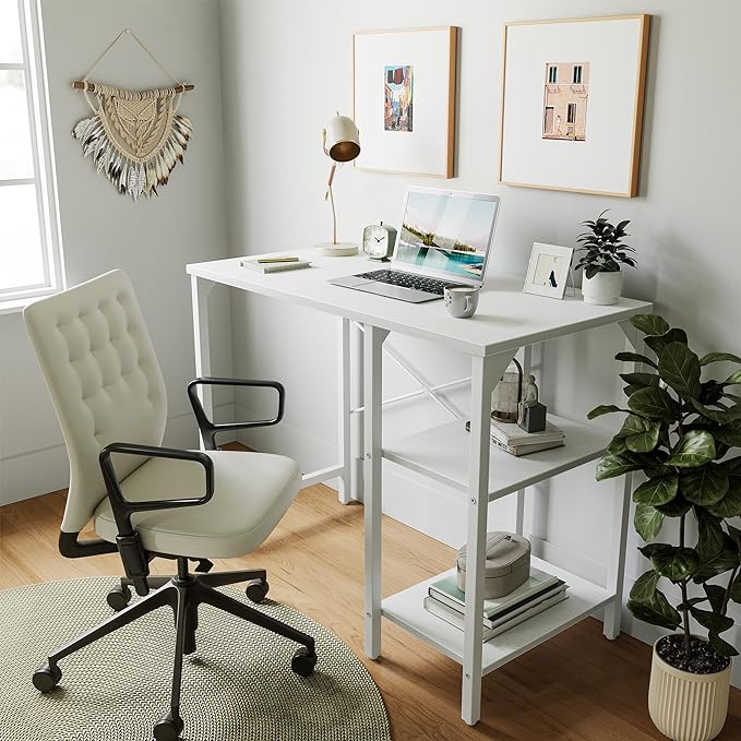CubiCubi Small Computer Desk, 35 Inch Home Office Desk with Storage Shelves, Study Writing Desk, White - LeafyLoom