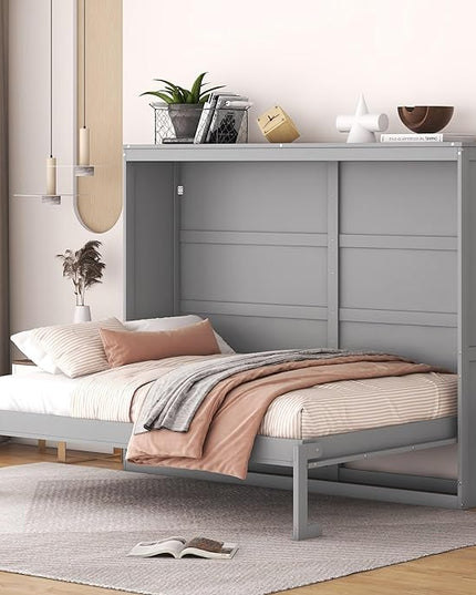 Merax ModernMurphy Cabinet Bed, Solid Wood Wall Platform Bed/No Box Spring Needed/Easy Assemble/Full,Gray - LeafyLoom