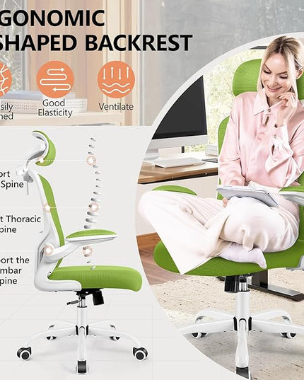 FelixKing Office Chair with Headrest, Ergonomic Desk Chair with Wheels, Task Swivel Comfy Chair with Adjustable Lumbar Support, Breathable Mesh Computer Chair with flip-up Armrests (Green) - LeafyLoom