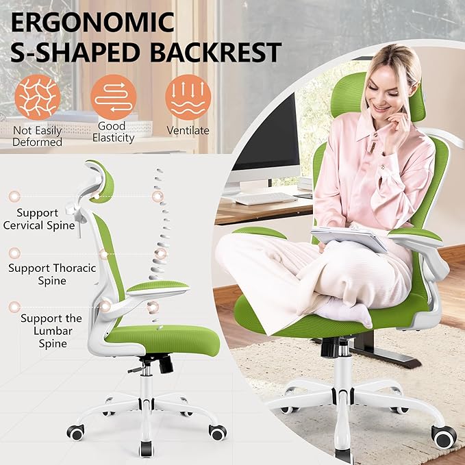 FelixKing Office Chair with Headrest, Ergonomic Desk Chair with Wheels, Task Swivel Comfy Chair with Adjustable Lumbar Support, Breathable Mesh Computer Chair with flip-up Armrests (Green) - LeafyLoom