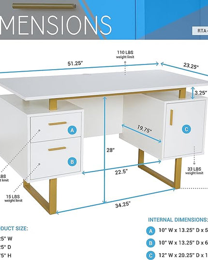 Techni Mobili Storage Drawers and Cabinet 51.25” W-Modern Office Large Floating Desktop Surface Desk, 23.6" D x 51.2" W x 29.8" H, White/Gold - LeafyLoom