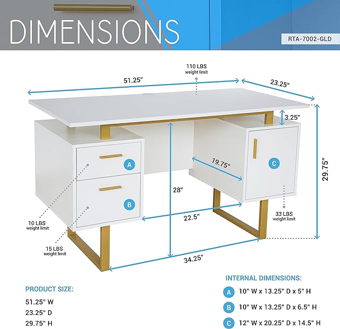 Techni Mobili Storage Drawers and Cabinet 51.25” W-Modern Office Large Floating Desktop Surface Desk, 23.6" D x 51.2" W x 29.8" H, White/Gold - LeafyLoom