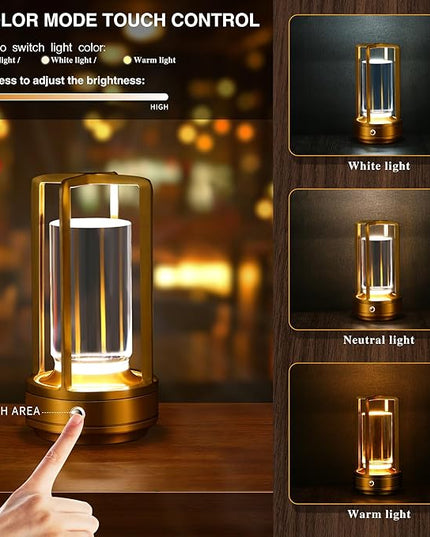 Portable Metal Table Lamp,Cordless Table Lamp,Battery Operated, 3 Light Colors, for Restaurant/Bedroom/Bars/Outdoor Party/Camping/Coffee Shop Atmosphere Night Light (Gold) - LeafyLoom