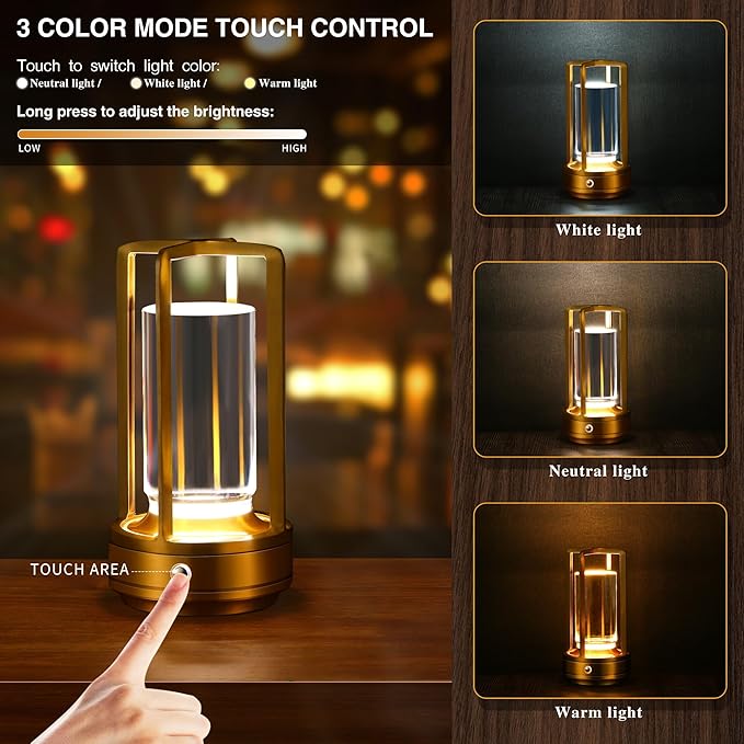 Portable Metal Table Lamp,Cordless Table Lamp,Battery Operated, 3 Light Colors, for Restaurant/Bedroom/Bars/Outdoor Party/Camping/Coffee Shop Atmosphere Night Light (Gold) - LeafyLoom