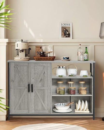WEENFON Floor Storage Cabinet, Buffet Storage Cabinet with 2 Barn Doors, Industrial Sideboard with Adjustable Shelves, Buffet Table for Dining Room, Living Room, Kitchen, Grey - LeafyLoom