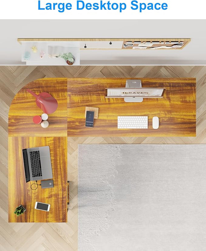 Teraves Reversible L Shaped Desk with Large Surface, 61 Inch Sturdy Corner Desk with Storage Shelves, Premium Office Computer Desk Workstation for Home Office Gaming, Teak - LeafyLoom
