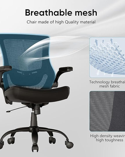 T29 Ergonomic Office Chair, Comfy Computer Desk Chair, Mesh Back Home Office Chair with PU Leather Padded, Adjustable Lumbar Support, Flip-up Arms,Swivel Wheels,Work Task Chair for Long Hours - LeafyLoom
