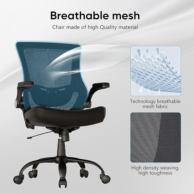 T29 Ergonomic Office Chair, Comfy Computer Desk Chair, Mesh Back Home Office Chair with PU Leather Padded, Adjustable Lumbar Support, Flip-up Arms,Swivel Wheels,Work Task Chair for Long Hours - LeafyLoom