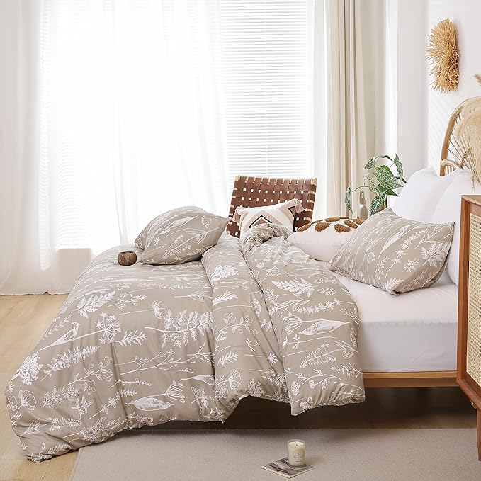 JANZAA Full Size Comforter Bedding Comforter Sets Floral Comforter Set Oatmeal Comforter Set Bed Set with 2 Pillow Cases for All Seasons - LeafyLoom