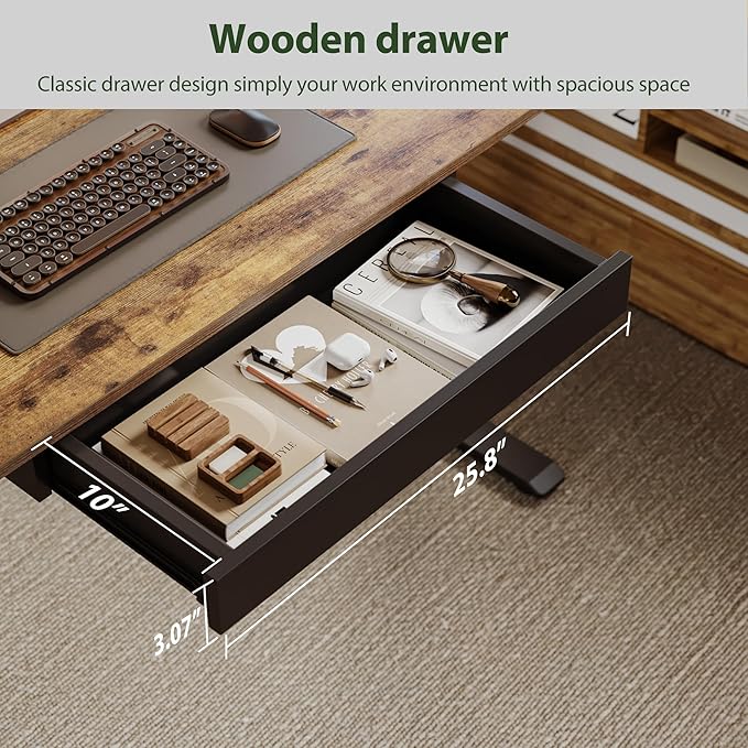 Adjustable Height Electric Standing Desk with Storage Wooden Drawer, 55 x 24 Inches Stand Up Home Office Computer Gaming Table for Work Office Home, Rustic Brown - LeafyLoom