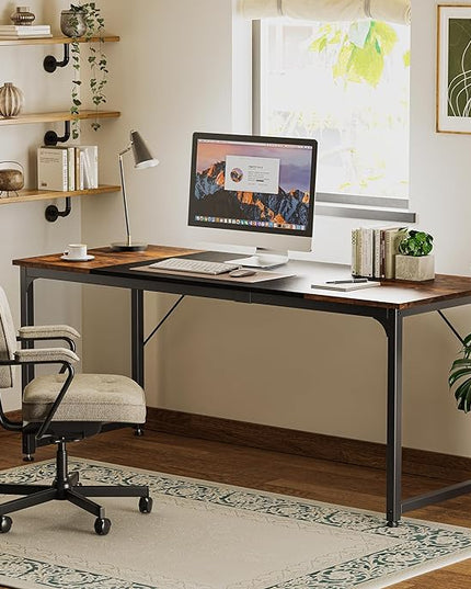 Computer Desk, 70 Inch Office Desk, Gaming Desk with Storage, Writing Desk Work Desk for Home Office, Study, Long Simple Desk, Large Legroom, Metal Frame, Rustic Brown and Black - LeafyLoom