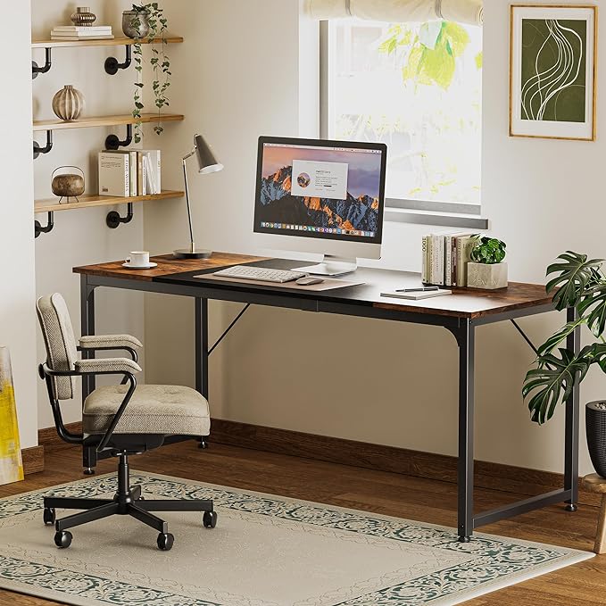 Computer Desk, 70 Inch Office Desk, Gaming Desk with Storage, Writing Desk Work Desk for Home Office, Study, Long Simple Desk, Large Legroom, Metal Frame, Rustic Brown and Black - LeafyLoom