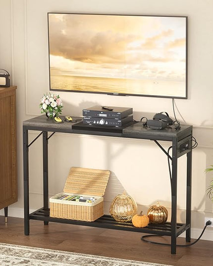 Narrow Console Table with Power Strips, Sofa Table with Storage Shelves for Living Room, 2-Tier Foyer Table for Entryway, Hallway, Behind Couch, Kitchen Counter, 39'', Grey Oak & Black - LeafyLoom