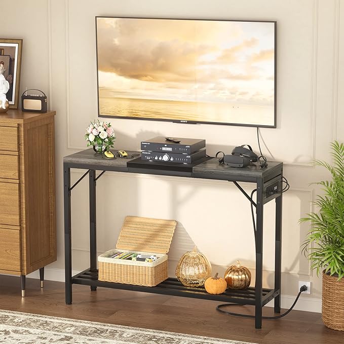 Narrow Console Table with Power Strips, Sofa Table with Storage Shelves for Living Room, 2-Tier Foyer Table for Entryway, Hallway, Behind Couch, Kitchen Counter, 39'', Grey Oak & Black - LeafyLoom