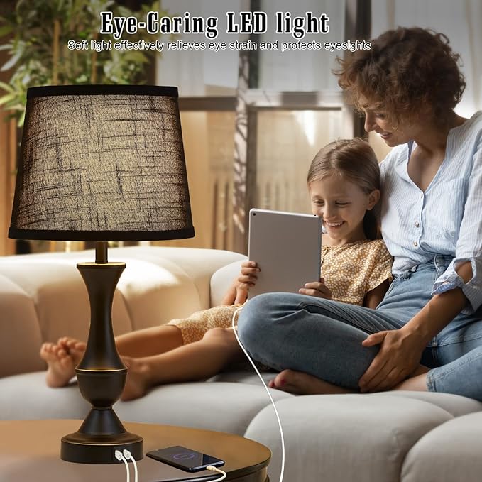 Luvkczc Table Lamps for Bedrooms Set of 2, Bedside Touch Lamps with USB C+A Charging Ports, Touch Bedside Lamps, Black Nightstand Lamps for Living Room, Bedroom, Office, LED Bulbs Included - LeafyLoom
