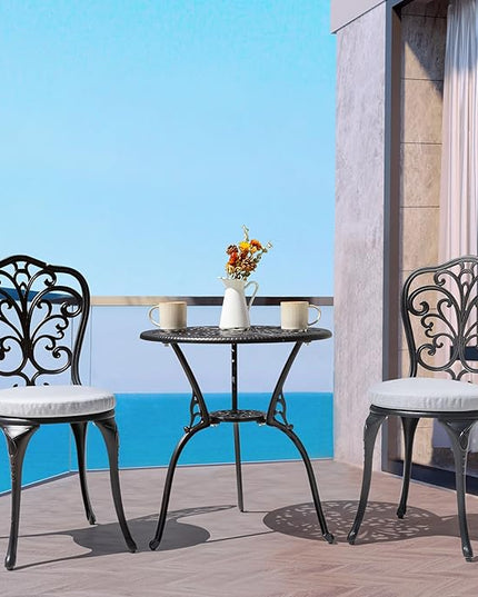NUU GARDEN Bistro Set 3 Piece Outdoor All Weather Cast Aluminum Patio Bistro Set Patio Table and Chairs Set of 2 with Umbrella Hole and Gray Cushions for Backyard, Balcony, Lawn, Black - LeafyLoom