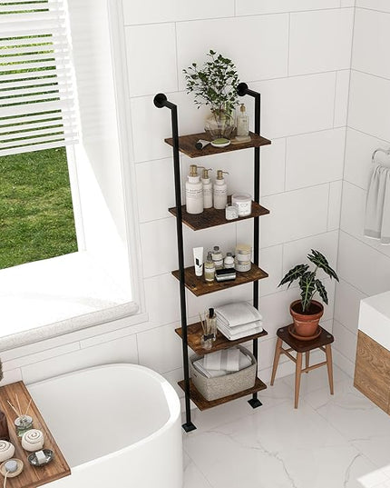 Axeman 5-Tier Ladder Shelf, Tall Narrow Bookcase for Small Spaces, Book Storage Organizer Case for Living Room, Home Office, Study, Industrial Style Black Metal Frame and Rustic Brown Shelf - LeafyLoom