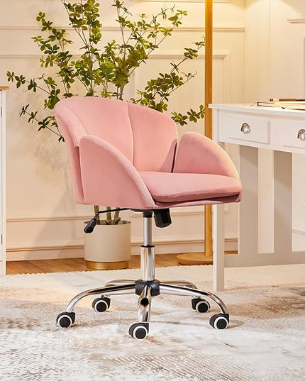 Yaheetech Cute Velvet Desk Chair for Home Office, Makeup Vanity Chair with Armrests for Bedroom Modern Swivel Rolling Chair for Women Pink - LeafyLoom
