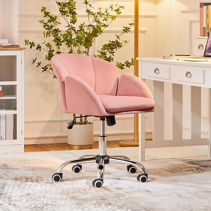 Yaheetech Cute Velvet Desk Chair for Home Office, Makeup Vanity Chair with Armrests for Bedroom Modern Swivel Rolling Chair for Women Pink - LeafyLoom