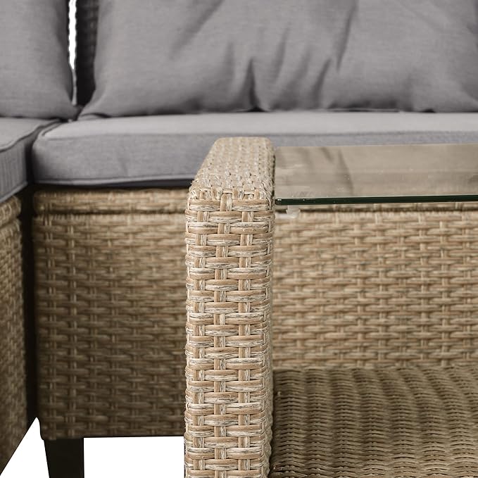 Outdoor Patio Furniture Sets, 4 Piece Rattan Conversation Sofa Wicker Sectional Couch with Chaise Lounge, Single Sofachair, Seat Cushions and Glass Table, for Garden Backyard Deck, Gray - LeafyLoom