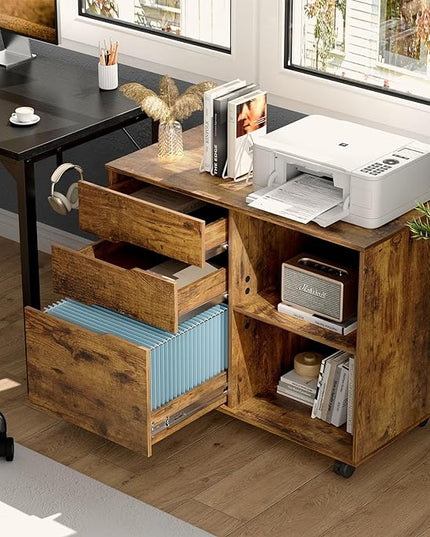 OLIXIS 3 Drawer File Cabinet Lateral Printer Stand with Adjustable Storage Shelves for Home Office Small Space, Rustic Brown - LeafyLoom