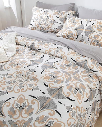EMME Queen Comforter Set - Grey White Floral Bedding Set 7 PCS with Geometric Flowers Pattern, Soft Plant Printed Botanical Bed Set with Sheets, Fluffy Bed Bag for All Season(90"X90") - LeafyLoom