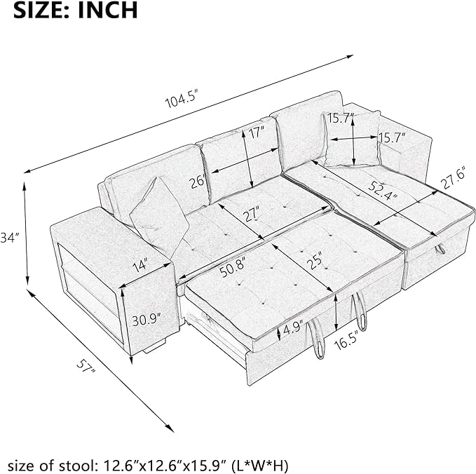 L Shaped Reversible Sleeper Sectional Sofa Pull Out Couch Bed with Storage Chaise Lounge and 2 Stools, Button Tufted Chenille Upholstered Convertible Pullout Sofabed for Living Room Office - LeafyLoom