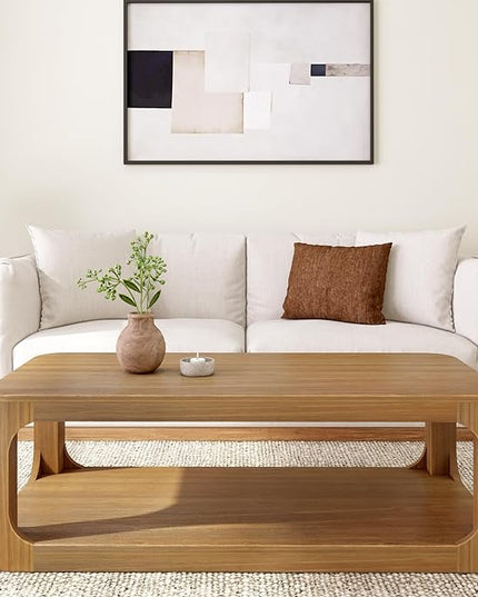 Plank+Beam Forma Coffee Table, Solid Wood 54 Inch Modern Coffee Table with Shelf, Contemporary Center Table with Storage Space, Rectangle Tea Table with Storage, Pecan - LeafyLoom