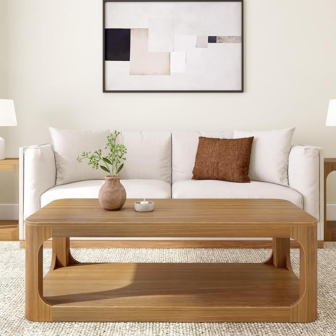 Plank+Beam Forma Coffee Table, Solid Wood 54 Inch Modern Coffee Table with Shelf, Contemporary Center Table with Storage Space, Rectangle Tea Table with Storage, Pecan - LeafyLoom
