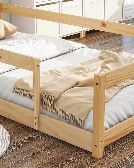 Bellemave Twin Size House-Shaped Headboard Floor Bed with Fence,Wooden Montessori Floor Bed for Kids,House Bed Twin Frame for Girls,Boys (Natural) - LeafyLoom