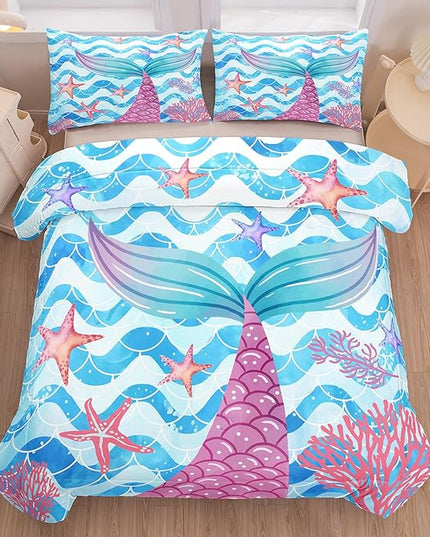 NINENINE Mermaid Tail Bedding Sets for Teens Girls, Princess Comforter Set, Blue Glitter Bedding Sets for Teens Girls,Sea Animal Kids Fish Scales Comforter Sets with 1 Comforter 2Pillowcases - LeafyLoom