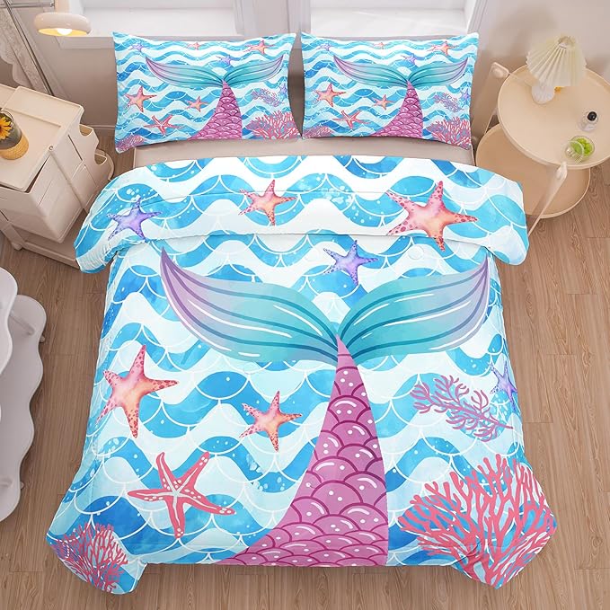 NINENINE Twin Size Mermaid Tail Bedding Girls Princess Comforter Set, Blue Glitter Bedding Sets for Girls,Sea Animal Kids Fish Scales Comforter Sets with 1 Comforter 1Pillowcase - LeafyLoom