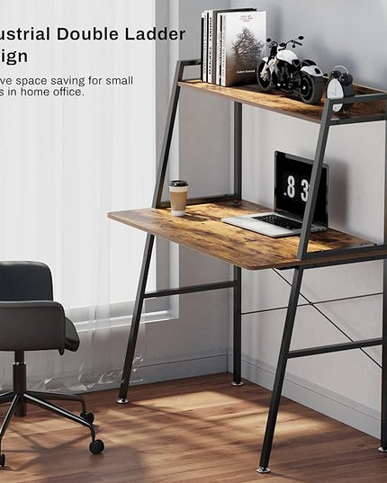 DESIGNA Small Computer Ladder Desk with Storage Shelves, 43 Inch 2-Tier Home Office Students Study Writing PC Gaming Table with Bookshelf Modern Workstation for Space Saving, Metal Frame, Rustic Brown - LeafyLoom