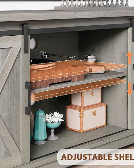 IDEALHOUSE Grey Farmhouse Cabinet, 65 Inch TV Stand with Storage, Barn Doors and Shelves, Modern TV Console Table Furniture for Living Bedroom - LeafyLoom