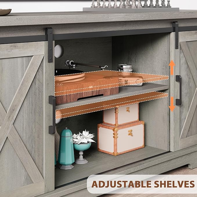 IDEALHOUSE Grey Farmhouse Cabinet, 65 Inch TV Stand with Storage, Barn Doors and Shelves, Modern TV Console Table Furniture for Living Bedroom - LeafyLoom