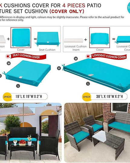 ClawsCover 3Pack Outdoor Seat Cushions Replacement Covers Fit for 4 Pieces Wicker Rattan Furniture Patio Conversation Set Loveseat Chair,38x19x2,19x19x2,Turquoise-Large (Include Cover Only) - LeafyLoom