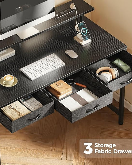 47 inch Computer Desk with 3 Drawers, Office Desk Gaming Desk with LED Lights & Power Outlets, Home Office Desks with Storage Space for Bedroom, Work from Home, Black - LeafyLoom